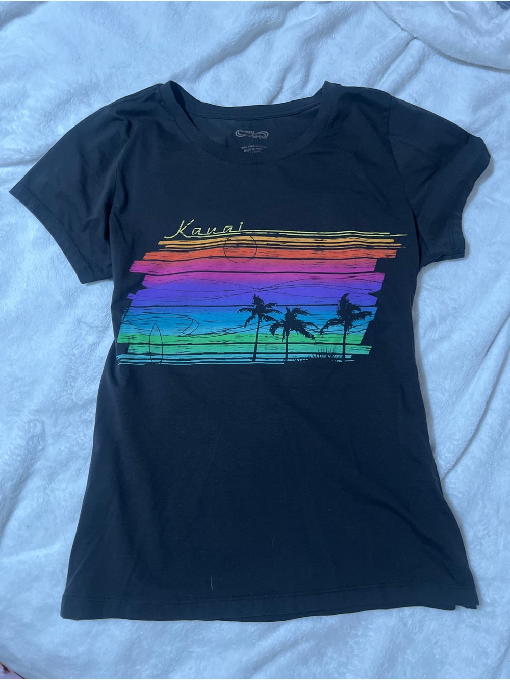 Kauai Black Tee with Rainbow Palm Print - Women’s Casual Top